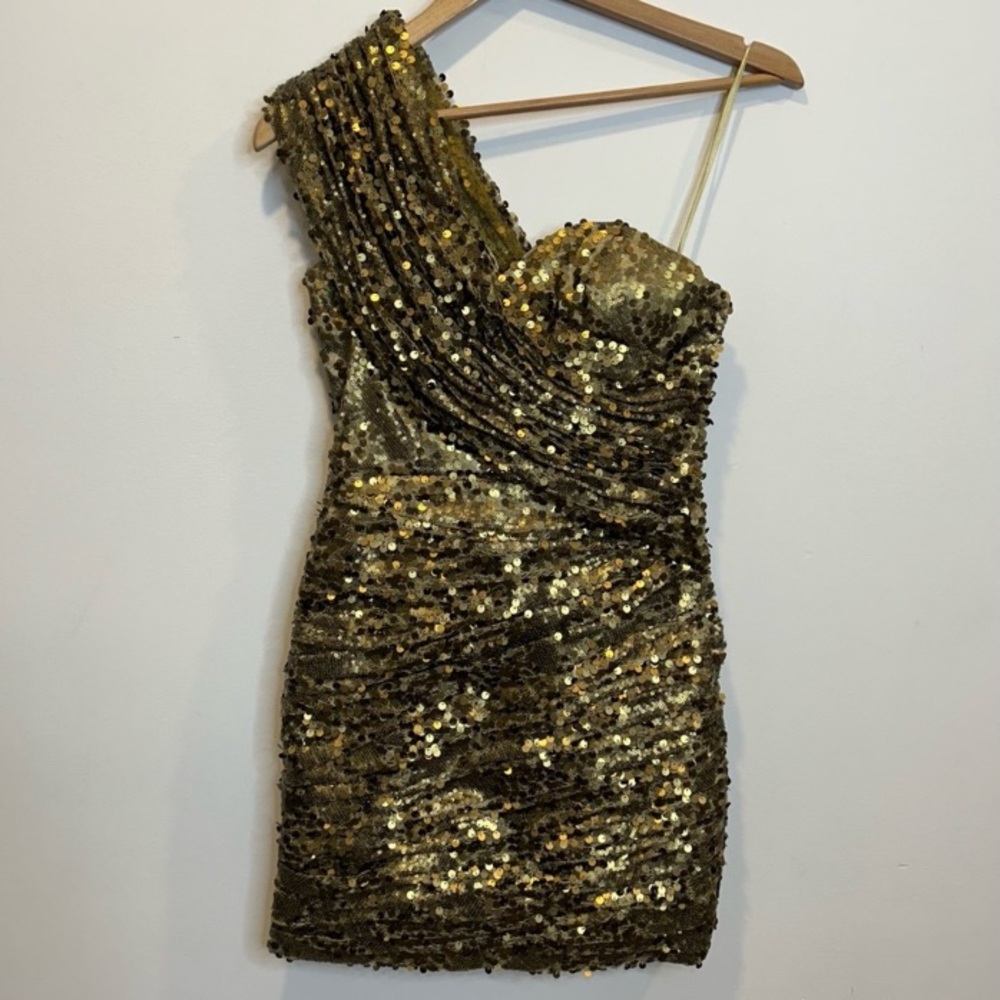 One-Shoulder Gold Sequin Mini Dress | Size 2 | Holiday Party NYE Cocktail